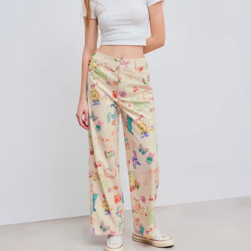 Cider Corduroy Animal Fruit Graphic Wide Leg Trousers Cream XS New